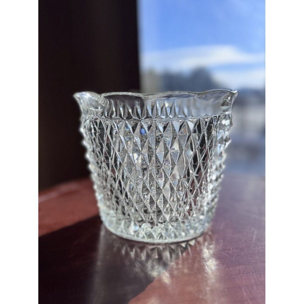 Fostoria Diamond Point Ruffled Edge Glass Bar Ice Bucket VTG 1950's
